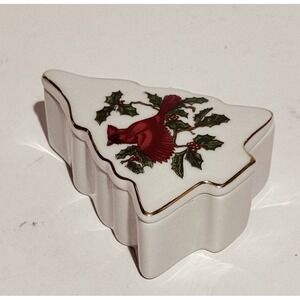 Vintage Lefton Porcelain Christmas Tree Trinket Box‎ Cardinal Design w Gold Trim